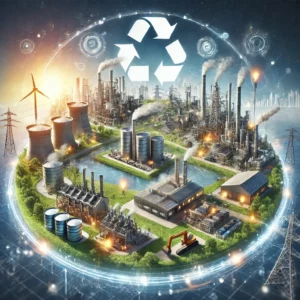 DALL·E 2024-11-30 22.20.11 - A highly realistic and professional illustration representing a circular economy. The scene features interconnected industries symbolizing resource re