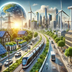 DALL·E 2024-11-30 22.36.20 - A highly realistic and professional illustration representing a low-carbon economy. The scene includes a cityscape powered by renewable energy sources