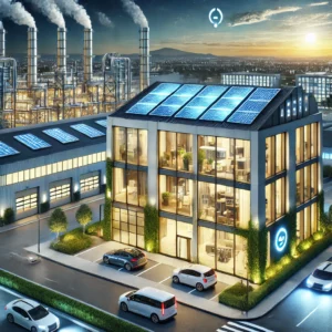 DALL·E 2024-12-01 05.27.41 - A highly realistic and professional illustration representing energy efficiency. The scene features a modern building with solar panels on the roof, e