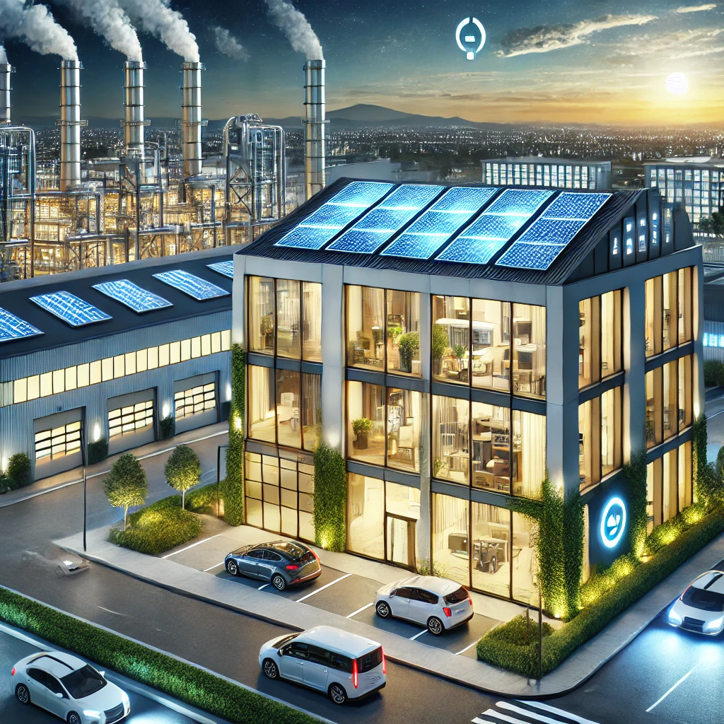 DALL·E 2024-12-01 05.27.41 - A highly realistic and professional illustration representing energy efficiency. The scene features a modern building with solar panels on the roof, e