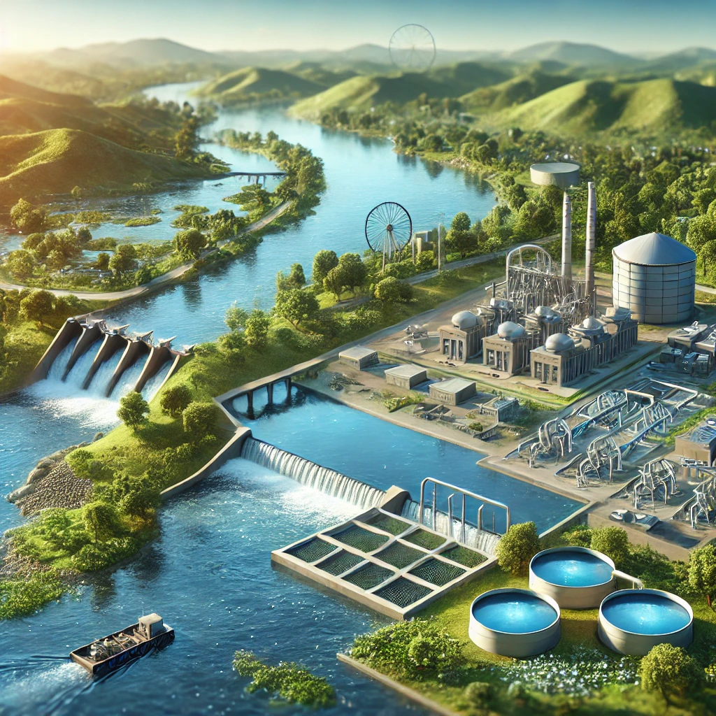 DALL·E 2024-12-01 05.40.54 - A highly realistic and professional illustration representing water management. The scene includes a reservoir with a dam, a water treatment plant, an