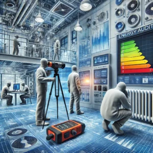 DALL·E 2024-12-01 05.56.51 - A highly realistic and professional illustration representing an energy audit. The scene features a team of energy auditors using advanced equipment t