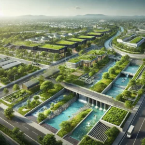 DALL·E 2024-12-01 06.03.56 - A highly realistic and professional illustration representing water retention. The scene includes a modern urban area with green roofs, rainwater harv