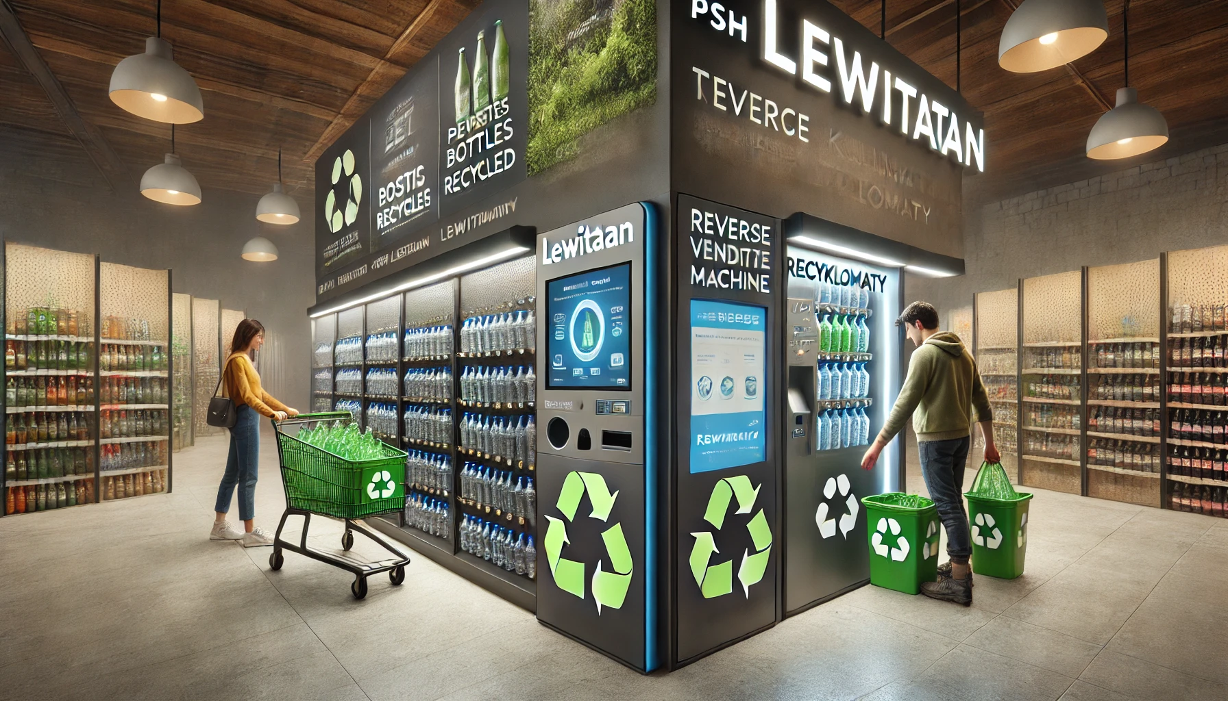 DALL·E 2024-12-01 06.14.53 - A highly realistic depiction inspired by PSH Lewiatan's initiative to test reverse vending machines (recyklomaty) for collecting PET bottles. The scen