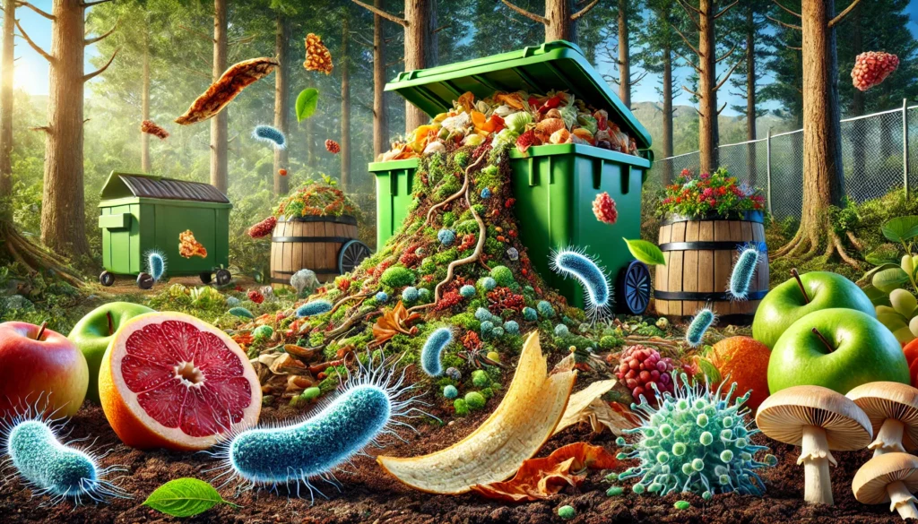 DALL·E 2024-12-01 06.24.23 - A highly realistic depiction explaining biodegradation. The image shows a natural process of organic waste decomposition, with fruit peels and leaves