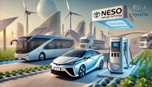 DALL·E 2024-12-01 10.10.50 - A highly realistic depiction of Toyota's hydrogen technology initiatives. The image features a Toyota Mirai, a hydrogen-powered car, parked near a sle