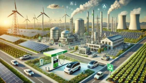 DALL·E 2024-12-01 10.16.26 - A highly realistic depiction of sustainable energy alternatives with a focus on integration and innovation. The image includes a cutting-edge hydrogen