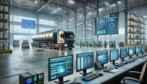 DALL·E 2024-12-01 13.14.39 - A modern, highly realistic industrial setting illustrating the Excise Movement and Control System (EMCS). The scene shows a warehouse with a tanker tr