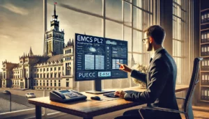 DALL·E 2024-12-01 13.26.55 - An illustration of the implementation of the EMCS PL2 system in Poland, set in a modern office environment. The scene shows a professional in formal a