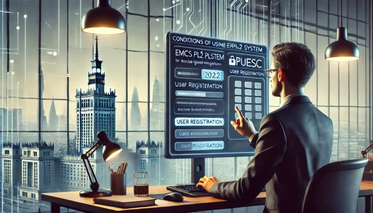 DALL·E 2024-12-01 13.32.27 - An illustration of the conditions for using the EMCS PL2 system in Poland as outlined in the 2022 regulation. The scene is set in a modern office with