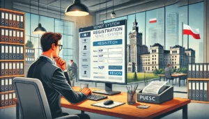 DALL·E 2024-12-01 13.37.29 - An illustration of a step-by-step guide for registering a company in the SENT system in Poland. The scene shows a professional in a modern office, sit