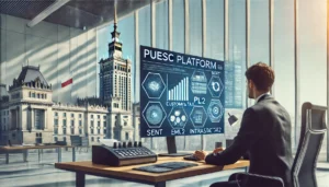 DALL·E 2024-12-01 13.39.46 - An illustration of the PUESC platform in Poland, showcasing its use for electronic customs and tax services. The scene features a professional working