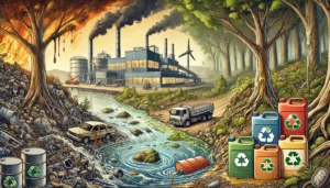 DALL·E 2024-12-01 14.37.51 - An illustration of the environmental and health impacts of improper disposal of used mineral oil. The scene depicts a polluted natural landscape with