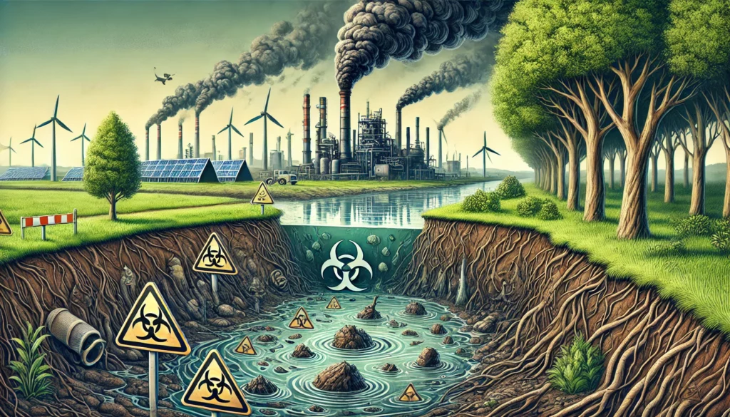 DALL·E 2024-12-01 14.42.43 - An illustration showing the impact of Polycyclic Aromatic Hydrocarbons (PAH) on the environment and health. The scene depicts emissions from an indust