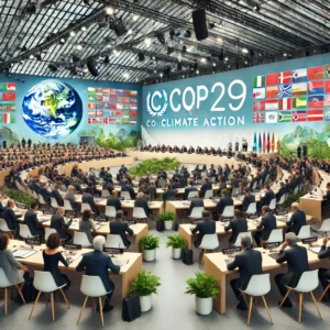 DALL·E 2024-12-02 04.46.12 - A highly realistic illustration of the COP climate conference with international representatives in a modern conference hall. The setting includes del