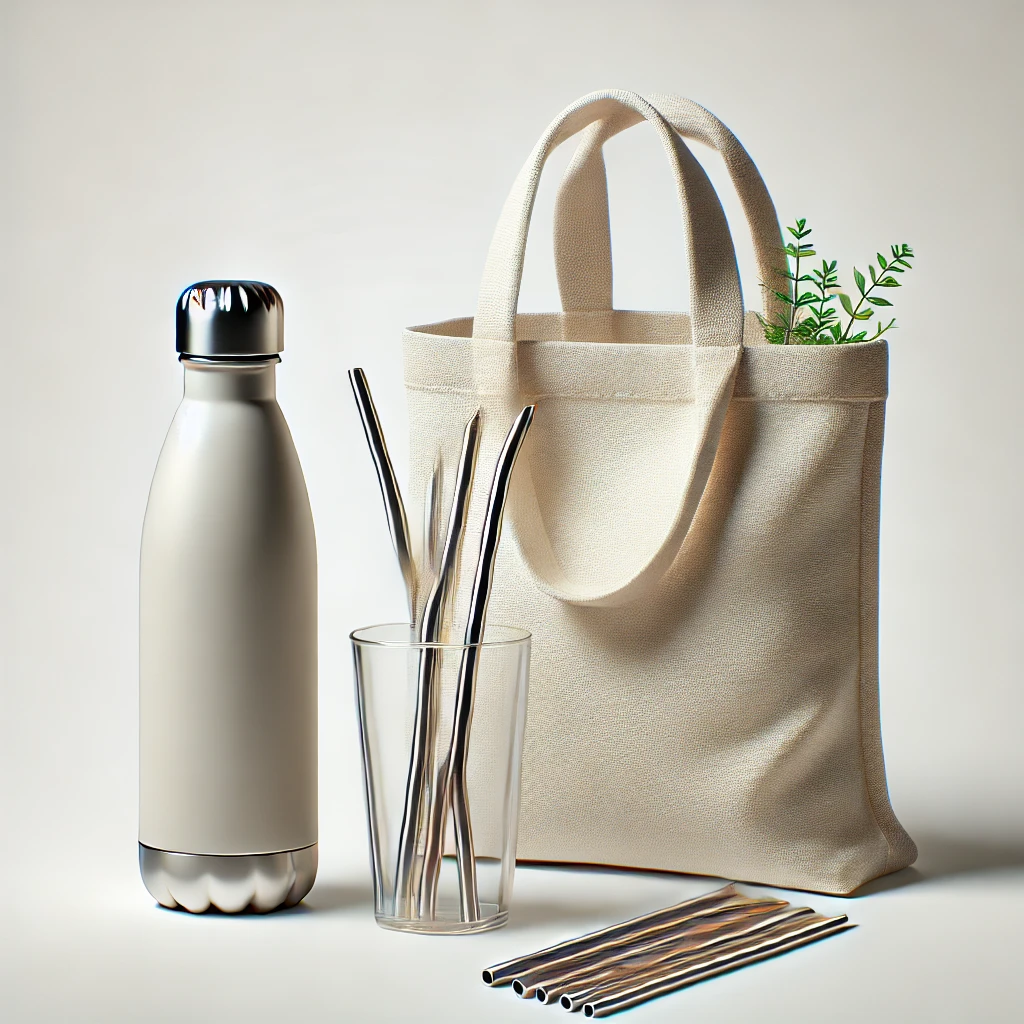 DALL·E 2024-12-02 05.32.55 - A minimalist and realistic illustration showcasing reusable products. The image features a composition of a reusable water bottle, a cloth shopping ba