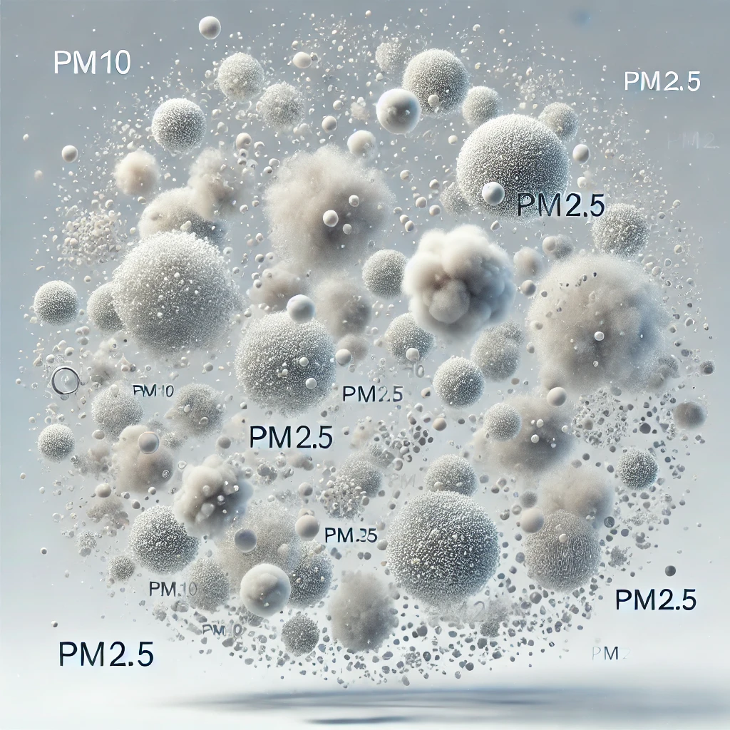 DALL·E 2024-12-03 18.31.34 - A highly detailed and realistic illustration representing particulate matter (PM) pollution. The image showcases floating microscopic particles symbol