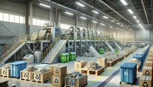 DALL·E 2024-12-04 05.18.27 - A realistic depiction of a modern recycling facility specializing in paper and cardboard waste. The scene features advanced machinery sorting and proc