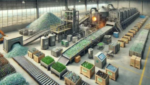 DALL·E 2024-12-04 05.21.20 - A realistic depiction of a glass recycling facility, showcasing the process of turning waste glass into new products. The scene features advanced sort