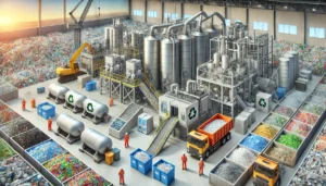 DALL·E 2024-12-04 05.23.20 - A realistic depiction of a plastic recycling facility showcasing both mechanical and chemical recycling processes. The scene features modern machinery