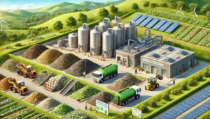 DALL·E 2024-12-04 05.29.47 - A realistic depiction of a facility processing organic waste, showcasing both composting and biogas production. The scene includes a composting area w