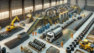 DALL·E 2024-12-04 05.31.59 - A realistic depiction of a recycling facility processing used tires and rubber waste. The scene showcases advanced machinery shredding tires into rubb