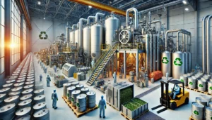 DALL·E 2024-12-04 05.36.05 - A realistic depiction of a facility specializing in the recycling of used oils. The scene includes advanced machinery for oil filtration, distillation