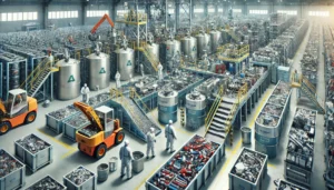 DALL·E 2024-12-04 05.41.00 - A realistic depiction of a battery and accumulator recycling facility. The scene features advanced machinery disassembling batteries to recover materi