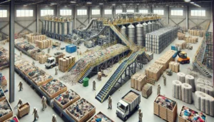 DALL·E 2024-12-04 05.48.05 - A highly realistic depiction of a textile recycling facility. The scene features detailed machinery processing old clothes and fabric waste into secon