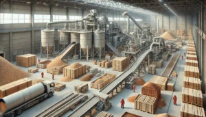 DALL·E 2024-12-04 05.55.18 - A highly realistic depiction of a wood industry waste recycling facility. The scene showcases machinery processing wood waste, such as sawdust, wood c