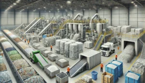 DALL·E 2024-12-04 05.58.09 - A highly realistic depiction of a recycling facility for multi-layer packaging materials. The scene includes advanced machinery separating layers of p