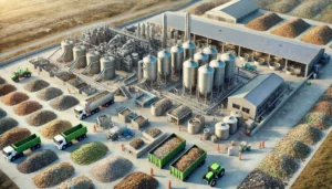 DALL·E 2024-12-04 06.36.46 - A highly realistic depiction of a recycling facility for food waste, showcasing processes such as biogas production, animal feed creation, and compost