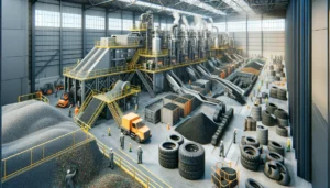 DALL·E 2024-12-04 06.39.19 - A highly realistic depiction of a recycling facility for used tires and rubber waste. The scene showcases advanced machinery shredding tires into rubb