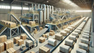 DALL·E 2024-12-04 06.43.13 - A highly realistic depiction of a recycling facility for corrugated cardboard and packaging paper. The scene includes machinery processing cardboard a