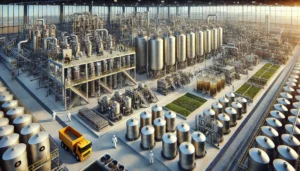 DALL·E 2024-12-04 06.46.51 - A highly realistic depiction of a recycling facility for used oils, showcasing the processes of regeneration and alternative fuel production. The scen