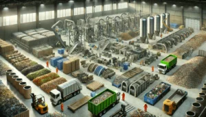 DALL·E 2024-12-04 06.49.39 - A highly realistic depiction of a municipal waste management facility. The scene includes waste segregation systems, composting zones for organic wast