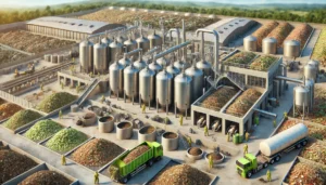 DALL·E 2024-12-04 06.58.45 - A highly realistic depiction of a food industry waste recycling facility, showcasing processes like biogas production and composting. The scene featur