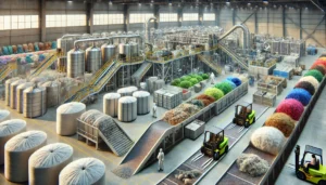 DALL·E 2024-12-04 07.07.03 - A highly realistic depiction of a recycling facility for natural and synthetic fiber waste, focusing on producing secondary fibers and technical texti