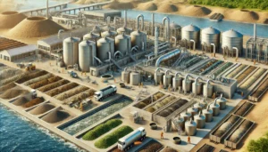 DALL·E 2024-12-04 07.16.51 - A highly realistic depiction of a recycling facility processing sewage sludge from wastewater treatment plants. The scene includes anaerobic digesters