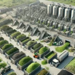 DALL·E 2024-12-04 07.19.51 - A highly realistic depiction of a recycling facility for green waste, such as grass, branches, and leaves. The scene includes industrial composting un