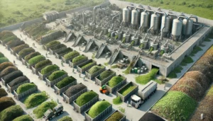 DALL·E 2024-12-04 07.19.51 - A highly realistic depiction of a recycling facility for green waste, such as grass, branches, and leaves. The scene includes industrial composting un