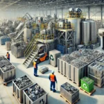 DALL·E 2024-12-04 07.30.21 - A highly realistic depiction of a recycling facility for electric vehicle (EV) batteries, showcasing processes like metal recovery and battery regener