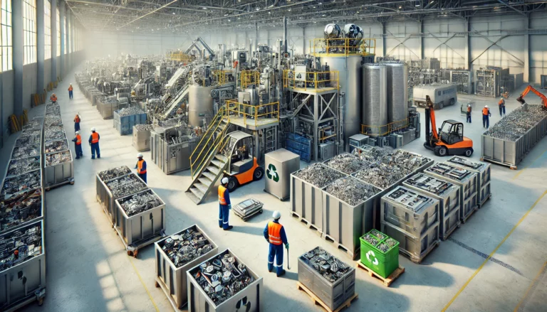 DALL·E 2024-12-04 07.30.21 - A highly realistic depiction of a recycling facility for electric vehicle (EV) batteries, showcasing processes like metal recovery and battery regener