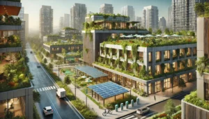 DALL·E 2024-12-04 08.45.12 - A highly realistic depiction of a LEED-certified sustainable site featuring eco-friendly urban infrastructure. The scene includes green roofs, rainwat