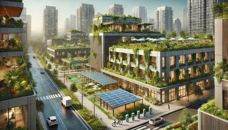 DALL·E 2024-12-04 08.45.12 - A highly realistic depiction of a LEED-certified sustainable site featuring eco-friendly urban infrastructure. The scene includes green roofs, rainwat