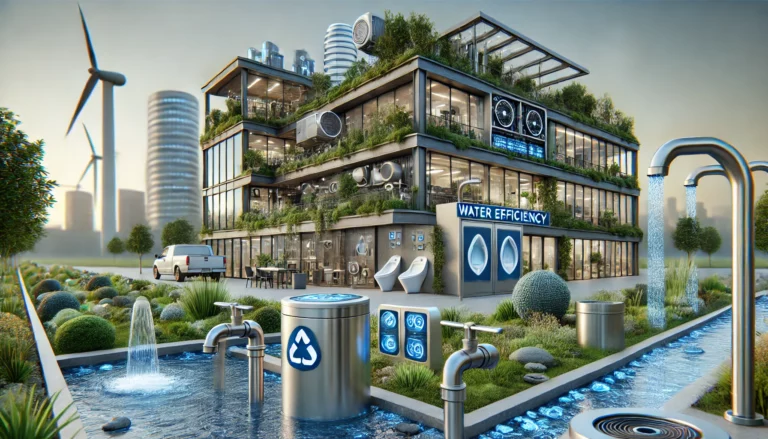 DALL·E 2024-12-04 08.50.25 - A highly realistic depiction of a LEED-certified building focusing on water efficiency (Water Efficiency). The scene includes rainwater harvesting sys