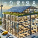 DALL·E 2024-12-04 08.55.56 - A highly realistic depiction of a LEED-certified building focusing on energy efficiency (Energy and Atmosphere). The building features rooftop solar p