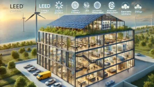 DALL·E 2024-12-04 08.55.56 - A highly realistic depiction of a LEED-certified building focusing on energy efficiency (Energy and Atmosphere). The building features rooftop solar p