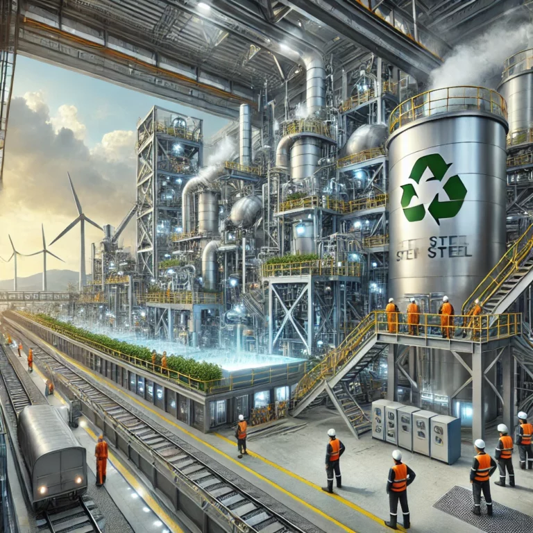 DALL·E 2024-12-05 06.58.09 - A highly realistic illustration of a modern steel production facility utilizing hydrogen as a cleaner alternative to coke in the production of green s