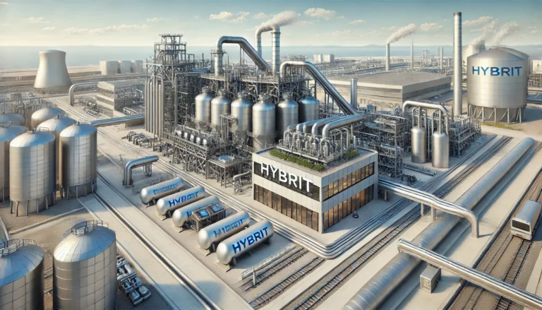 DALL·E 2024-12-05 07.03.11 - A highly realistic industrial illustration showcasing a state-of-the-art steel production facility using the HYBRIT technology (Hydrogen Breakthrough